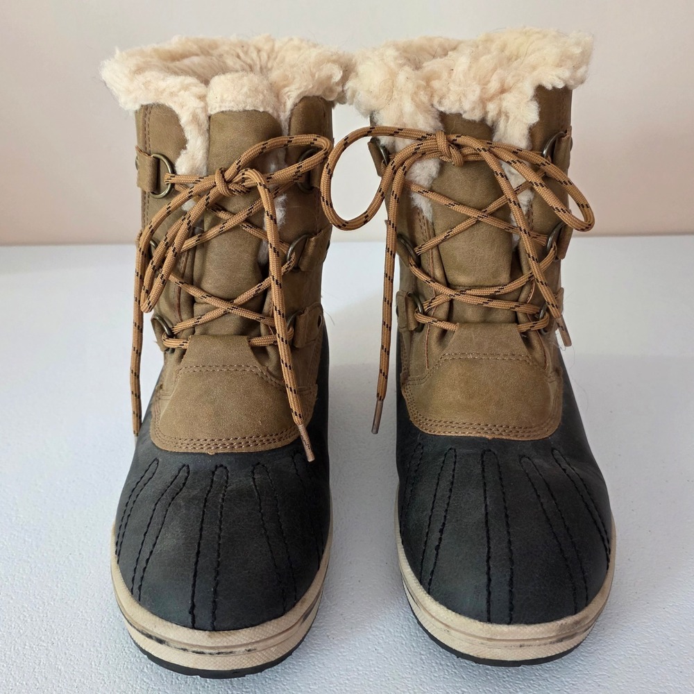 Pawz Gina Snow Boots Women Size 9 Tan Black Faux Leather Wool Blend Sherpa Lined